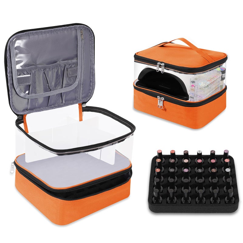 BELOVING Clear Nail Polish Organizer  Double-Layer Nail Polish Bag Organizer Case Holds 30 Bottles and Nail Dryer  Nail Organizers and Storage for Manicure Tools-Orange - Image 1
